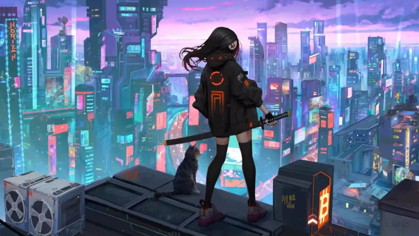 Cyberpunk Samurai Girl Over Neon City featuring a futuristic warrior overlooking a vibrant neon metropolis wallpaper