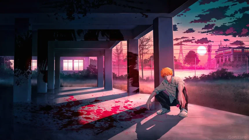 Denji sitting alone beneath a colorful sunset in a dramatic Chainsaw Man anime scene wallpaper