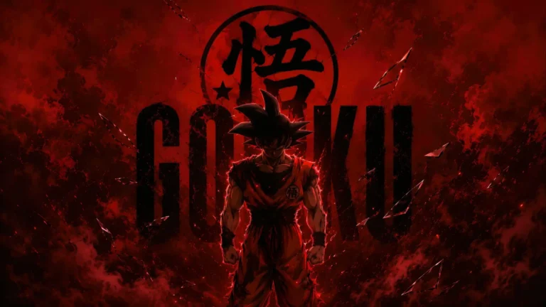 Dragon Ball Goku standing with dark crimson aura and glowing energy effects wallpaper