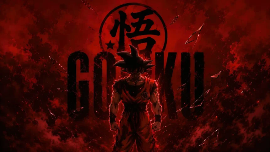 Dragon Ball Goku standing with dark crimson aura and glowing energy effects wallpaper