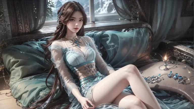 Elegant fantasy princess with blue gemstone jewelry in a luxurious anime-inspired portrait UHD wallpaper