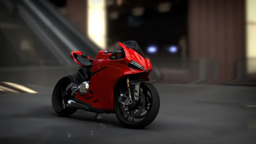 Red Ducati Panigale V4 superbike parked in a modern industrial setting wallpaper