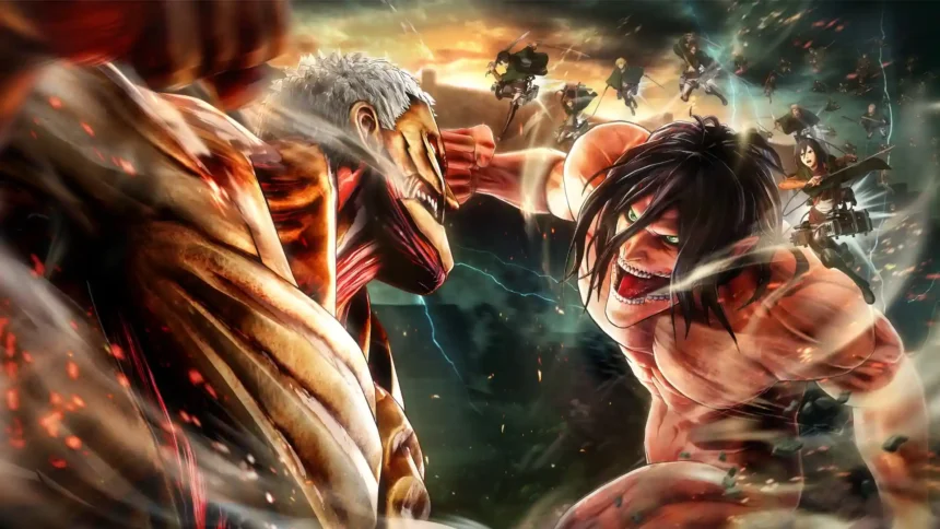 Eren Yeager battling the Armored Titan with the Survey Corps during an epic Attack on Titan showdown wallpaper