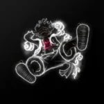 Glowing neon outline of Gear 5 Luffy surrounded by white energy clouds on a dark minimalist background wallpaper