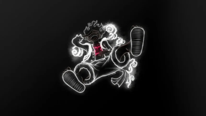 Glowing neon outline of Gear 5 Luffy surrounded by white energy clouds on a dark minimalist background wallpaper
