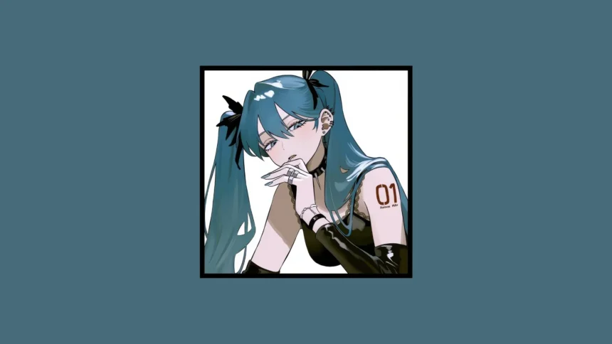Minimalist portrait of Hatsune Miku with turquoise twin tails and iconic Vocaloid style wallpaper