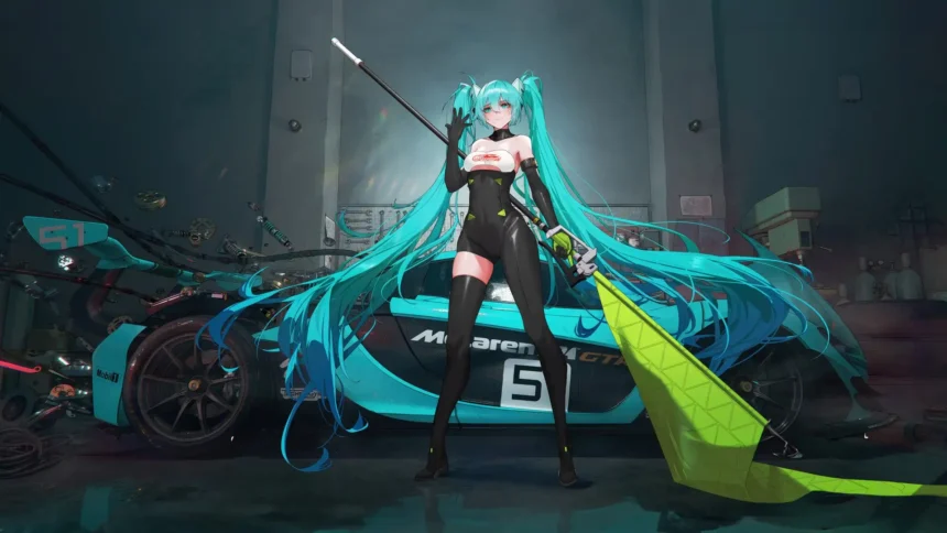 Hatsune Miku standing beside a McLaren GTR race car inside a futuristic racing garage wallpaper