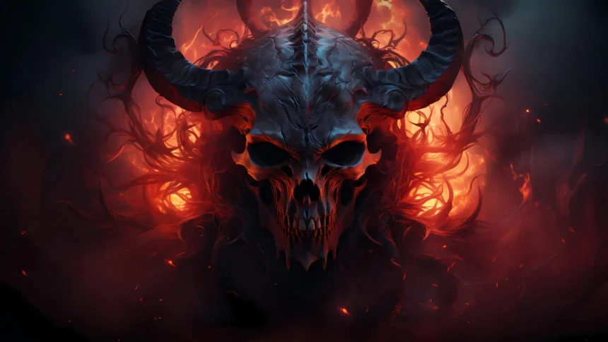 Fiery demonic skull with massive horns surrounded by hellfire and dark fantasy energy wallpaper