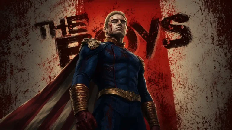 Homelander standing before a blood-stained patriotic backdrop in The Boys superhero wallpaper