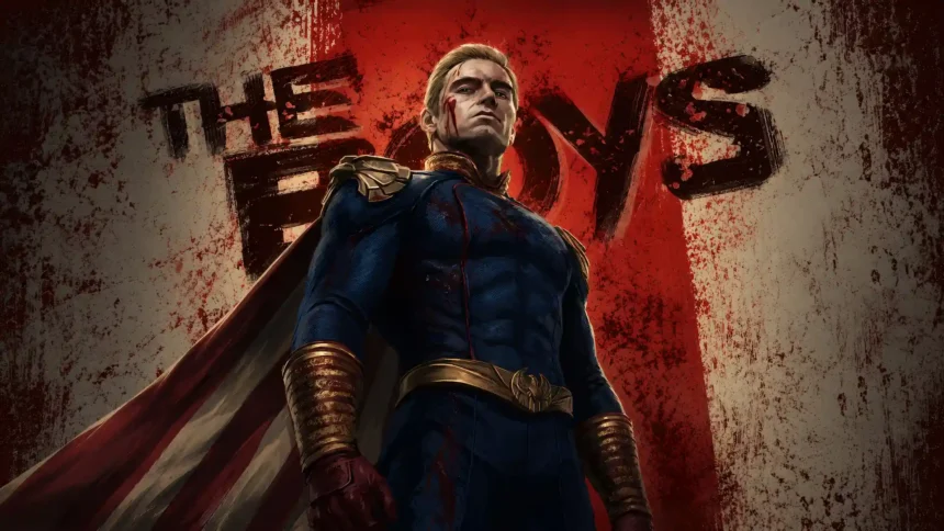 Homelander standing before a blood-stained patriotic backdrop in The Boys superhero wallpaper