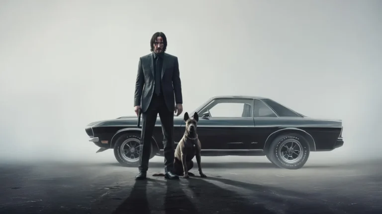 John Wick standing with his dog beside a black Mustang muscle car in a cinematic minimalist scene wallpaper