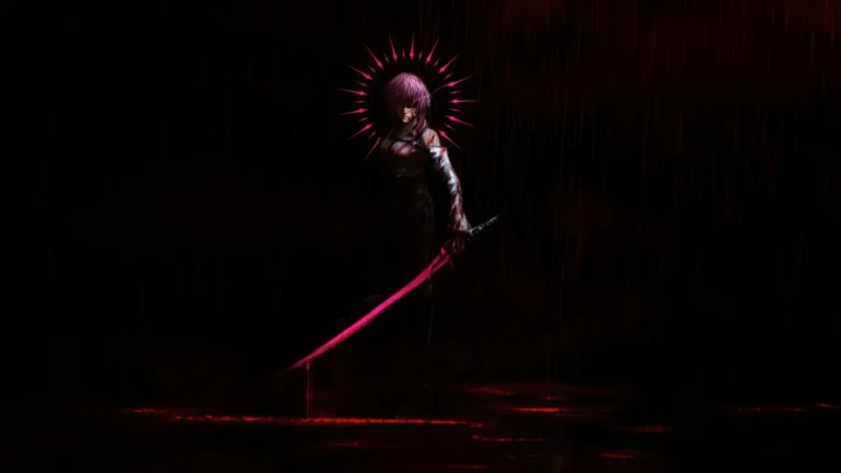 Kafka standing in crimson rain with a glowing red blade in Honkai Star Rail dark artwork wallpaper