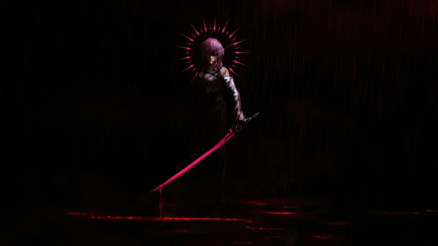 Kafka standing in crimson rain with a glowing red blade in Honkai Star Rail dark artwork wallpaper