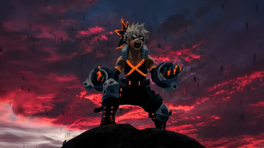 Katsuki Bakugo screaming in rage with glowing bracers under a dramatic crimson storm sky wallpaper