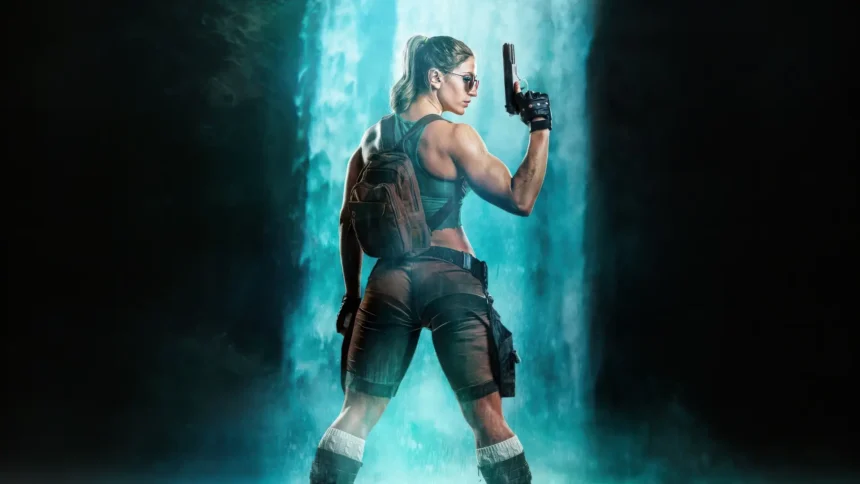 Lara Croft standing before a powerful waterfall with expedition gear and pistol wallpaper