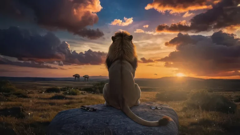 Majestic lion overlooking a savannah landscape during a colorful sunset wallpaper
