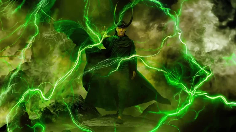 Loki surrounded by glowing green magical lightning in UHD wallpaper