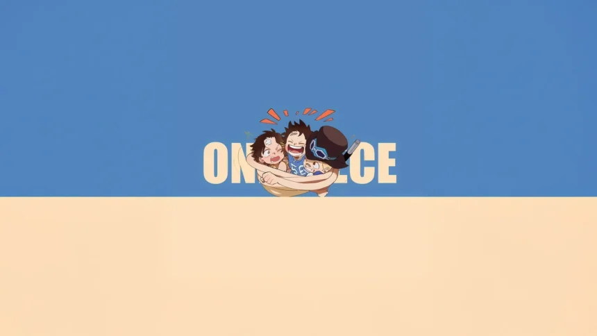 Luffy Ace and Sabo sharing a joyful childhood moment in minimalist One Piece artwork wallpaper