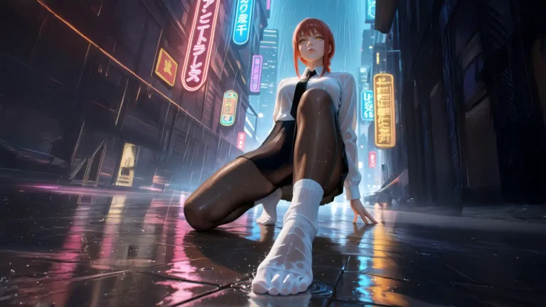 Makima sitting on neon lit cyberpunk street in rain with futuristic city lights wallpaper