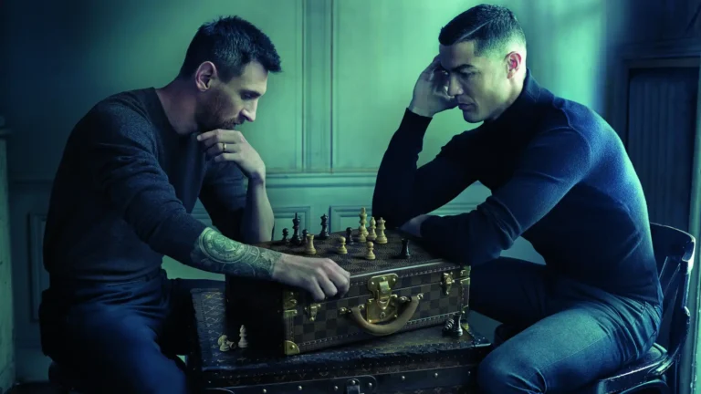 Lionel Messi and Cristiano Ronaldo playing chess in a dramatic strategic showdown wallpaper