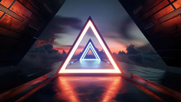 Neon Triangle Portal Dreamscape featuring glowing geometric portals and a futuristic horizon wallpaper