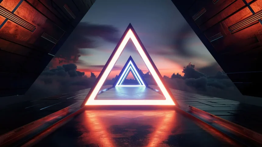 Neon Triangle Portal Dreamscape featuring glowing geometric portals and a futuristic horizon wallpaper