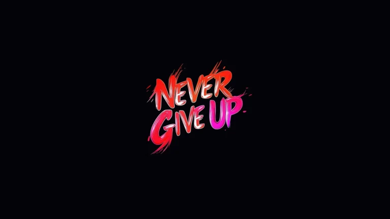 Never Give Up motivational quote in vibrant neon typography on black background wallpaper