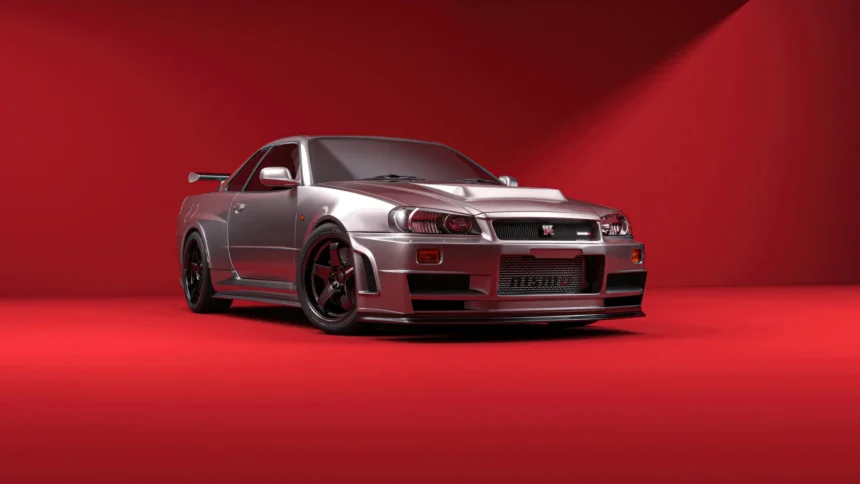 Silver Nissan Skyline GT-R R34 Nismo Edition sports car on a red studio background wallpaper
