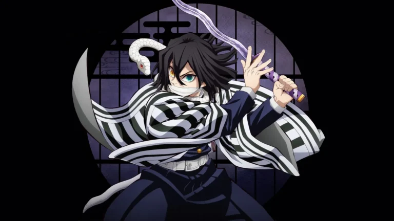 Obanai Iguro Serpent Hashira holding a Nichirin sword with Kaburamaru snake wallpaper