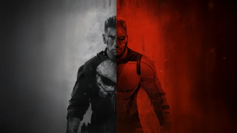 Punisher and Daredevil split portrait with black and red Marvel themed UHD wallpaper