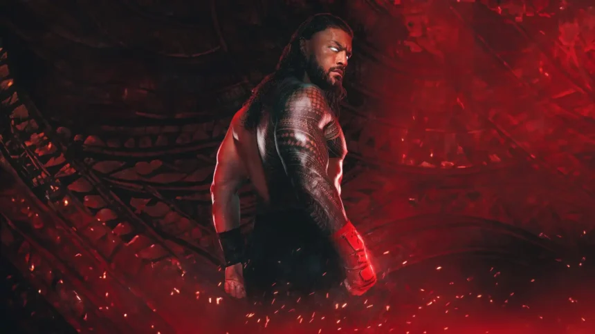 Roman Reigns WWE featuring the Tribal Chief surrounded by fiery red energy and intense championship aura wallpaper