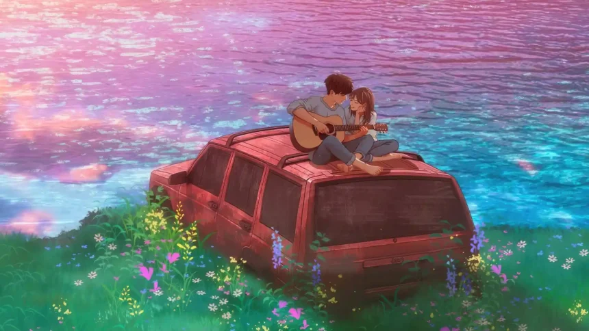 Anime couple playing guitar together on a car beside a colorful lakeside surrounded by flowers wallpaper