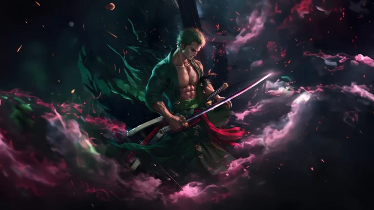 Roronoa Zoro wielding his three sword style surrounded by mystical energy UHD wallpaper