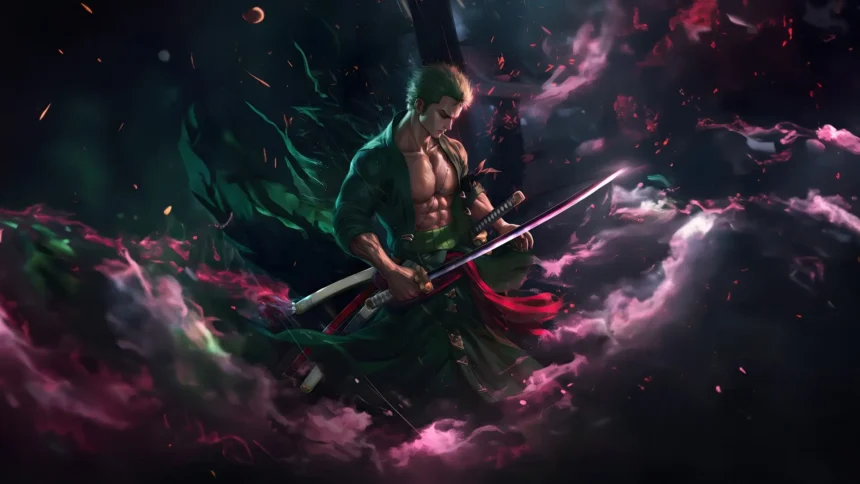 Roronoa Zoro wielding his three sword style surrounded by mystical energy UHD wallpaper