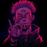 Ryomen Sukuna with glowing red eye and neon lighting in Jujutsu Kaisen wallpaper