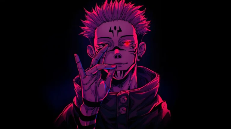 Ryomen Sukuna with glowing red eye and neon lighting in Jujutsu Kaisen wallpaper