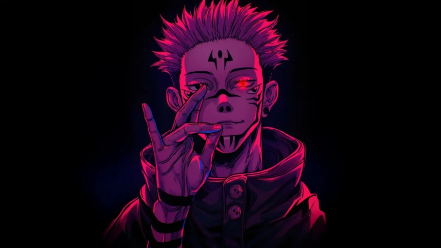 Ryomen Sukuna with glowing red eye and neon lighting in Jujutsu Kaisen wallpaper