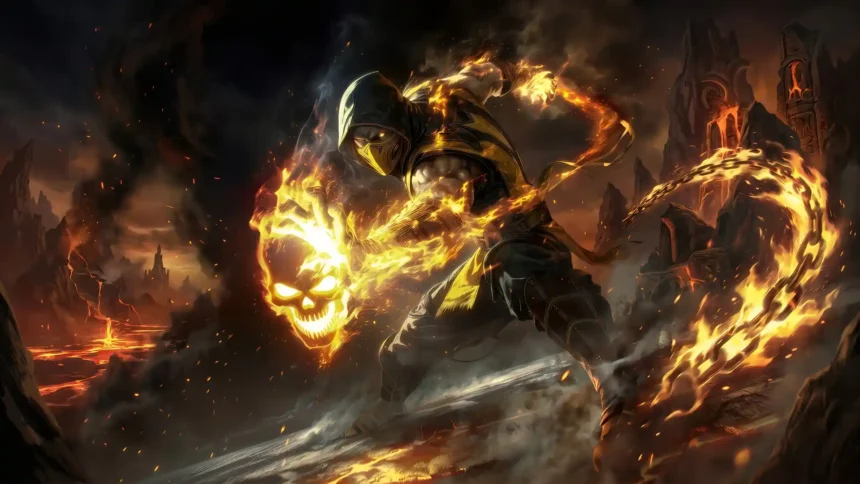 Scorpion wielding a blazing hellfire chain on a volcanic battlefield with fiery energy effects wallpaper