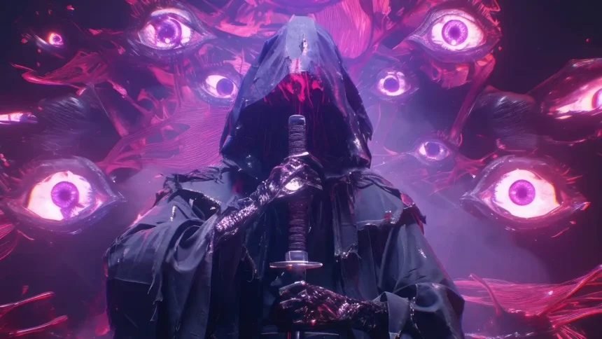 Hooded shadow samurai holding a katana surrounded by glowing purple eyes wallpaper
