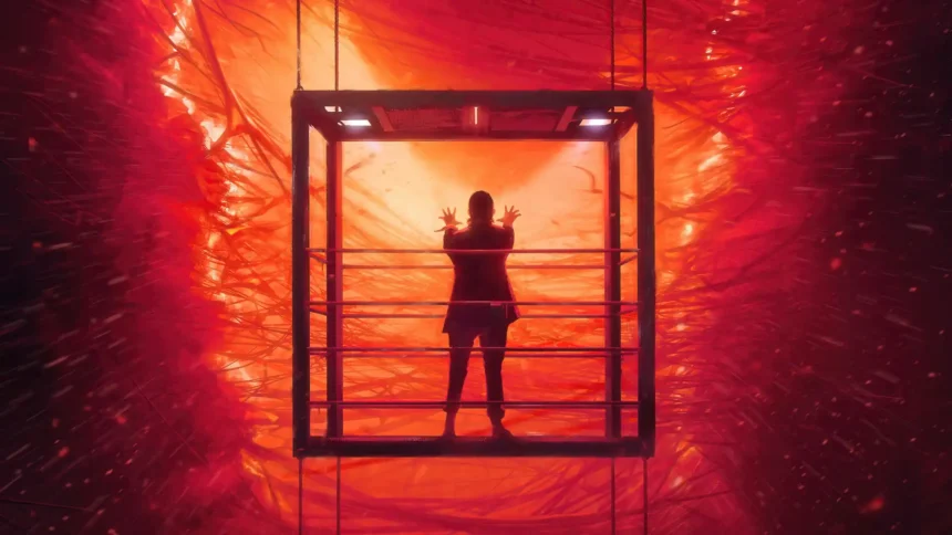 Person standing before a glowing portal to the Upside Down surrounded by supernatural energy wallpaper