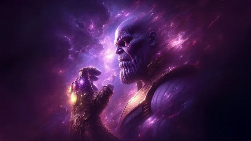 Thanos wielding the Infinity Gauntlet surrounded by cosmic purple energy wallpaper