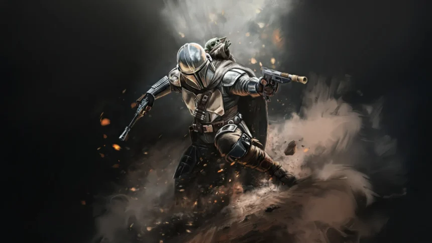 The Mandalorian and Grogu charging through an explosive battle scene in Star Wars artwork wallpaper