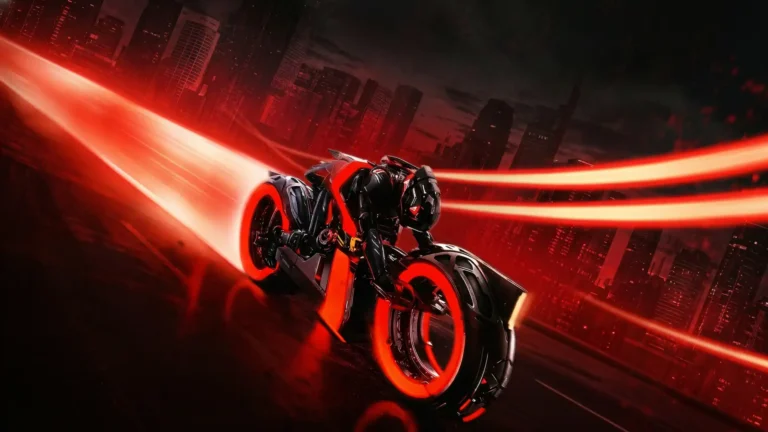 Futuristic Tron Ares neon light bike with glowing red energy trails in a cyber city wallpaper