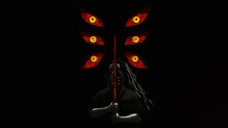 Upper Moon One Kokushibo with glowing six eyes and dark crimson Demon Slayer artwork wallpaper