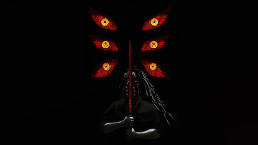 Upper Moon One Kokushibo with glowing six eyes and dark crimson Demon Slayer artwork wallpaper