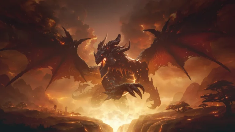 Deathwing rising from a fiery volcanic battlefield with massive wings in World of Warcraft fantasy artwork wallpaper