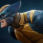 Wolverine from X-Men in a fierce battle-ready pose wearing his iconic black and gold suit against a dramatic blue background wallpaper