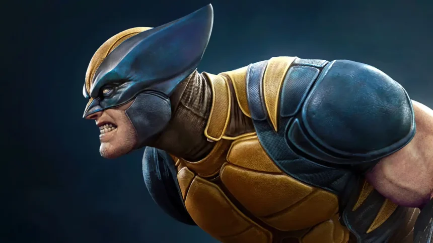 Wolverine from X-Men in a fierce battle-ready pose wearing his iconic black and gold suit against a dramatic blue background wallpaper