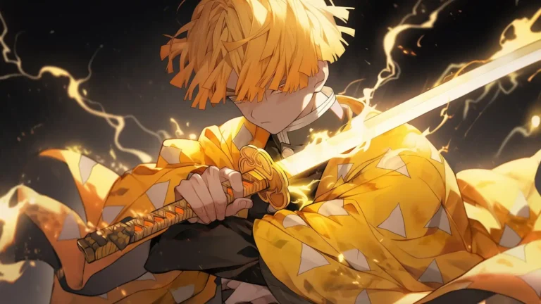 Zenitsu Agatsuma channeling Thunder Breathing with glowing lightning katana and golden electrical energy from Demon Slayer wallpaper