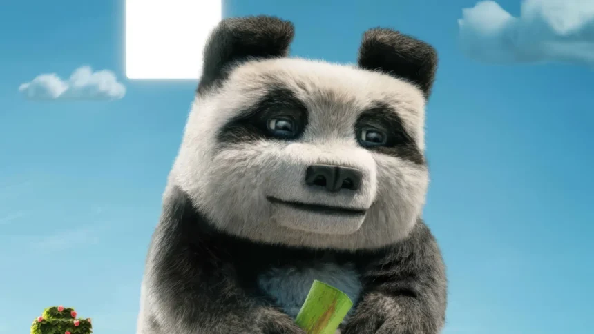 Cute panda from A Minecraft Movie smiling while holding bamboo UHD wallpaper